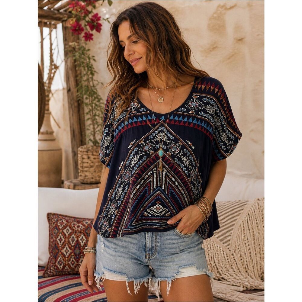 Johnny Was Geometric Patterned Embroidered Oversized Top